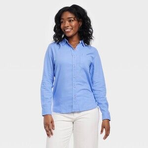 Universal Thread Women's Linen Long Sleeve Collared Button-Down Shirt. Blue, S